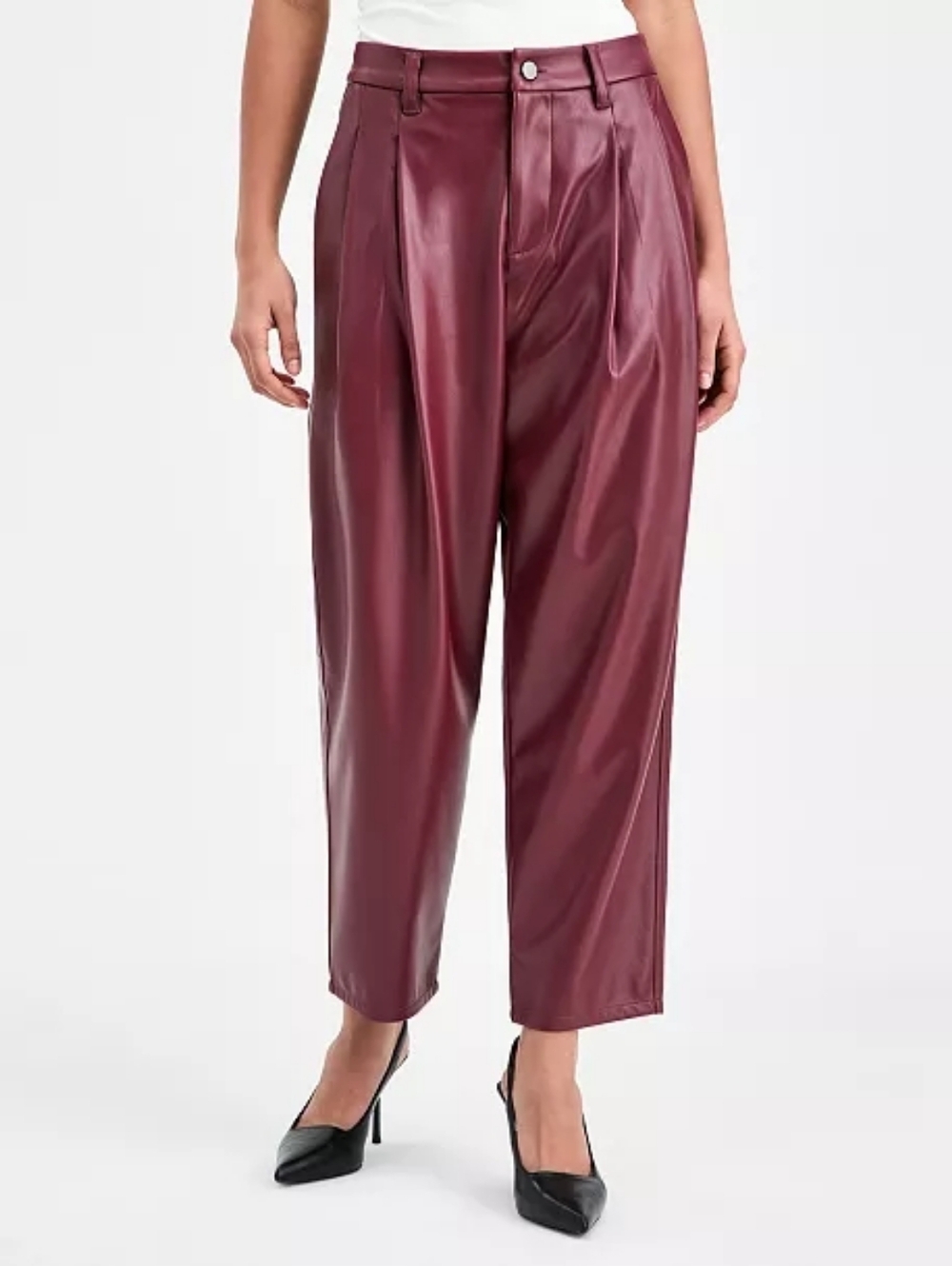 Women's barrel leg faux-leather front pleats hi-rise crisp-red (burgundy) pants